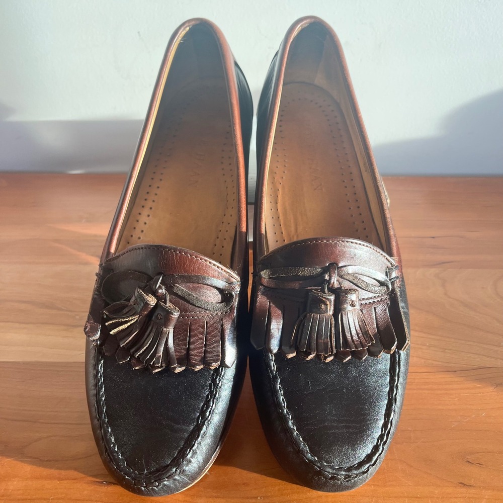 Cole Haan Mens 11 B Tassel Kiltie Loafers Two Tone Black Brown Leather USA 6229